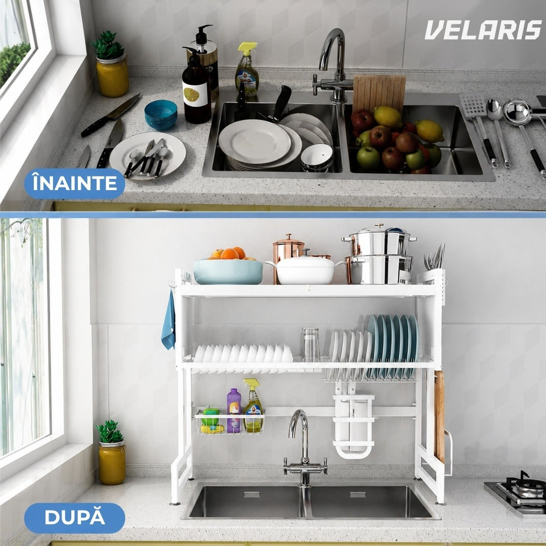 Raft uscare vase deasupra chiuvetei 105 cm, alb, oțel inoxidabil, 3 niveluri