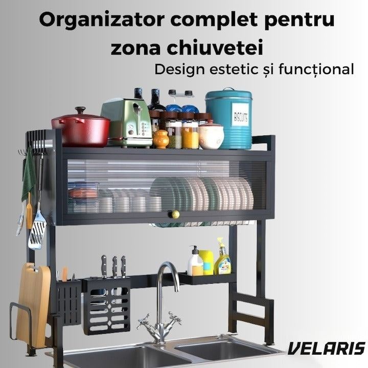 Uscător vase deasupra chiuvetei, 3 niveluri, oțel inoxidabil, negru, 95 cm
