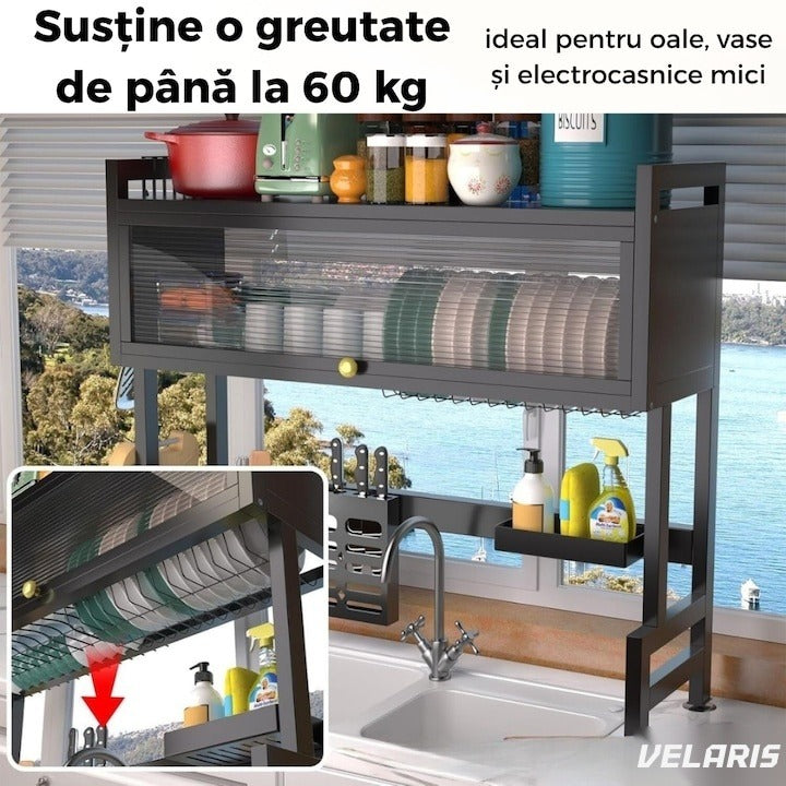 Uscător vase deasupra chiuvetei, 3 niveluri, oțel inoxidabil, negru, 95 cm