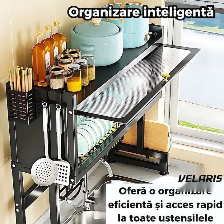 Uscător vase deasupra chiuvetei, 3 niveluri, oțel inoxidabil, negru, 95 cm