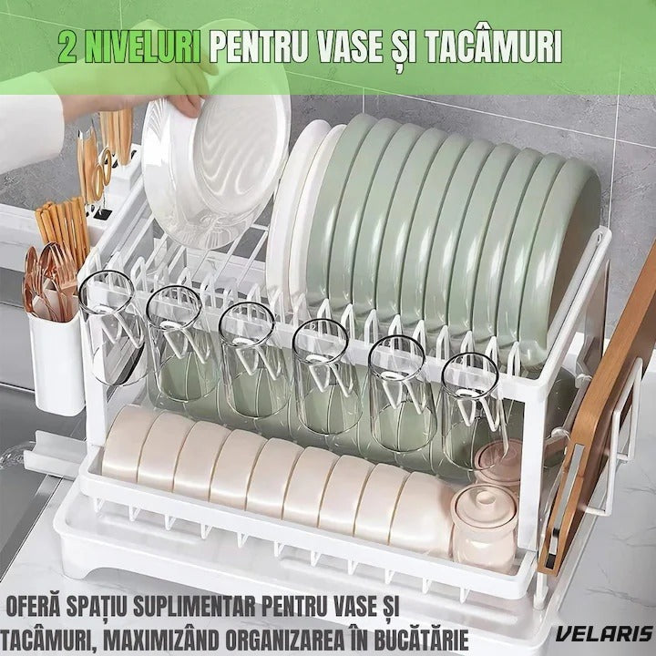 Scurgător vase cu două niveluri, suport pahare și tacâmuri, tavă scurgere, metal, 42x30x29 cm, alb