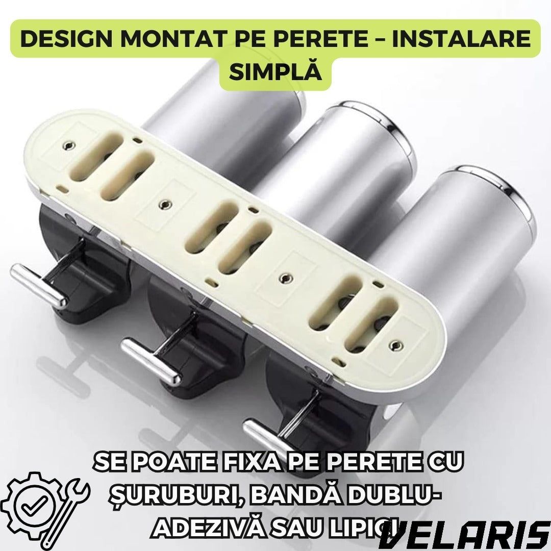 Dispenser 3 in 1 pentru Sapun, Sampon si Balsam Montabil pe Perete, Transparent, pentru Baie si Bucatarie