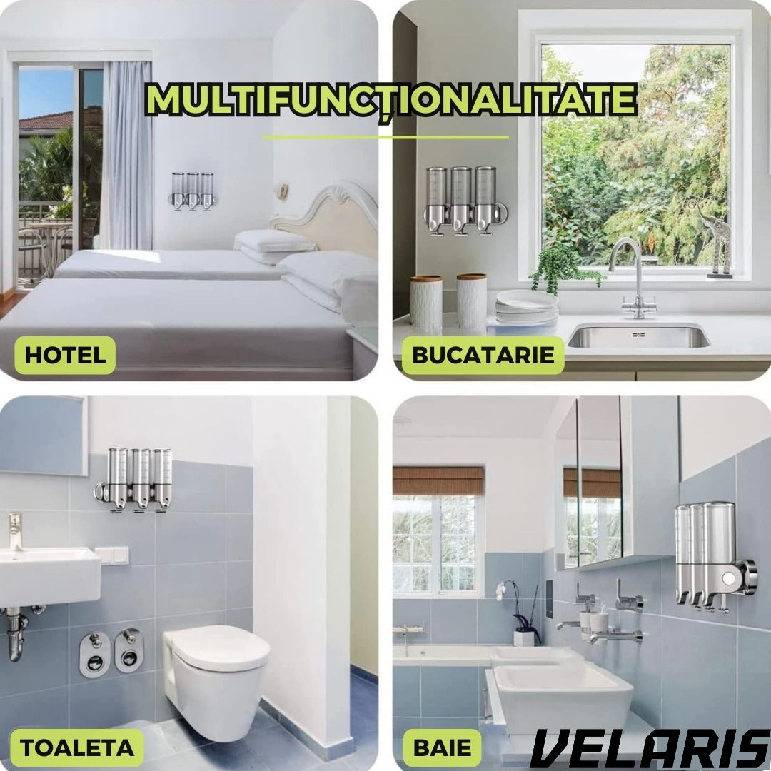 Dispenser 3 in 1 pentru Sapun, Sampon si Balsam Montabil pe Perete, Transparent, pentru Baie si Bucatarie