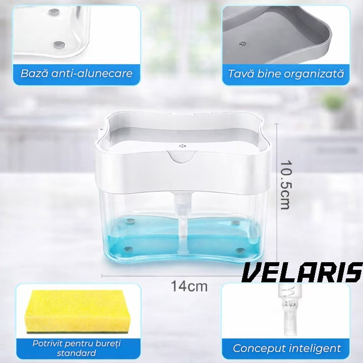 Dispenser detergent 380 ml cu suport pentru burete, actionare prin apasare, economisire detergent