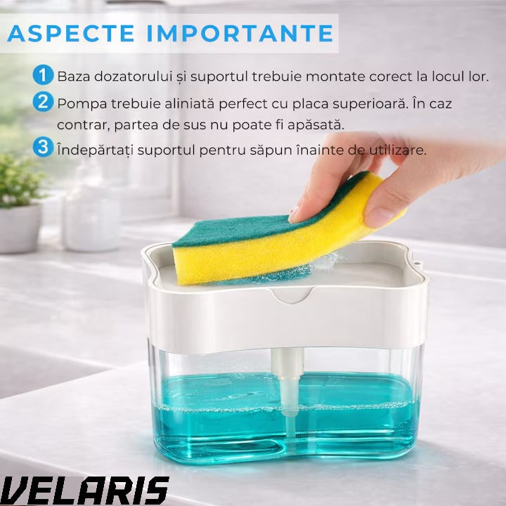 Dispenser detergent 380 ml cu suport pentru burete, actionare prin apasare, economisire detergent