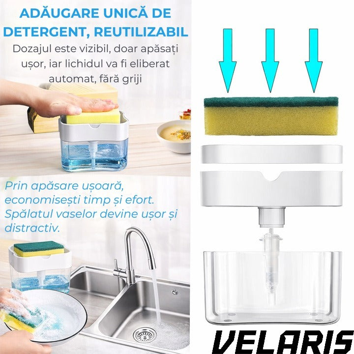 Dispenser detergent 380 ml cu suport pentru burete, actionare prin apasare, economisire detergent