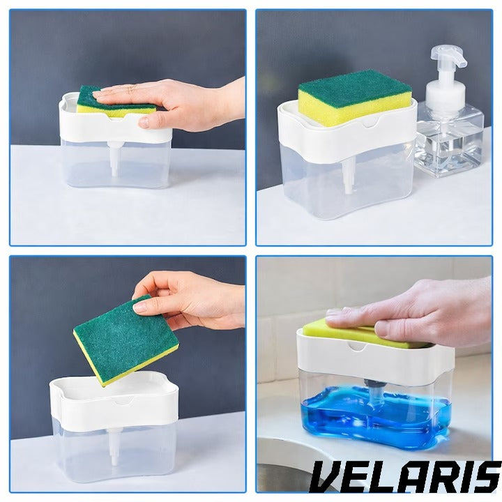 Dispenser detergent 380 ml cu suport pentru burete, actionare prin apasare, economisire detergent