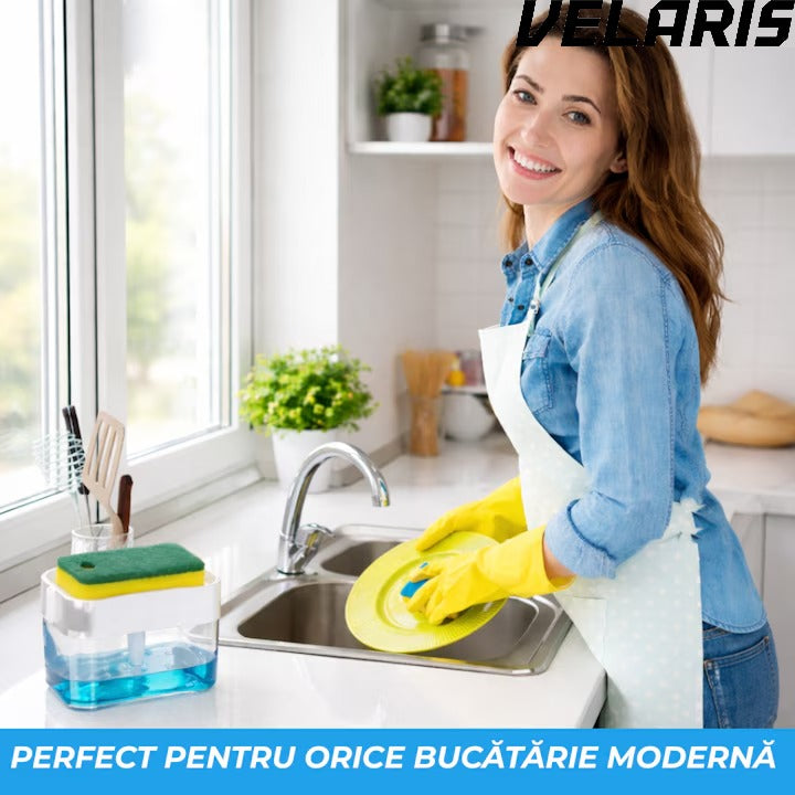 Dispenser detergent 380 ml cu suport pentru burete, actionare prin apasare, economisire detergent
