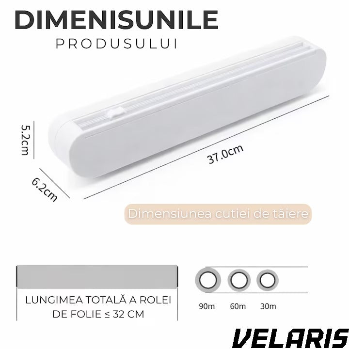 Dispenser folie alimentara, 37cm, 12 ventuze antialunecare, alb