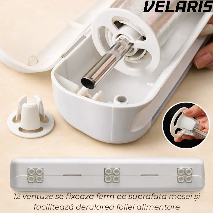 Dispenser folie alimentara, 37cm, 12 ventuze antialunecare, alb