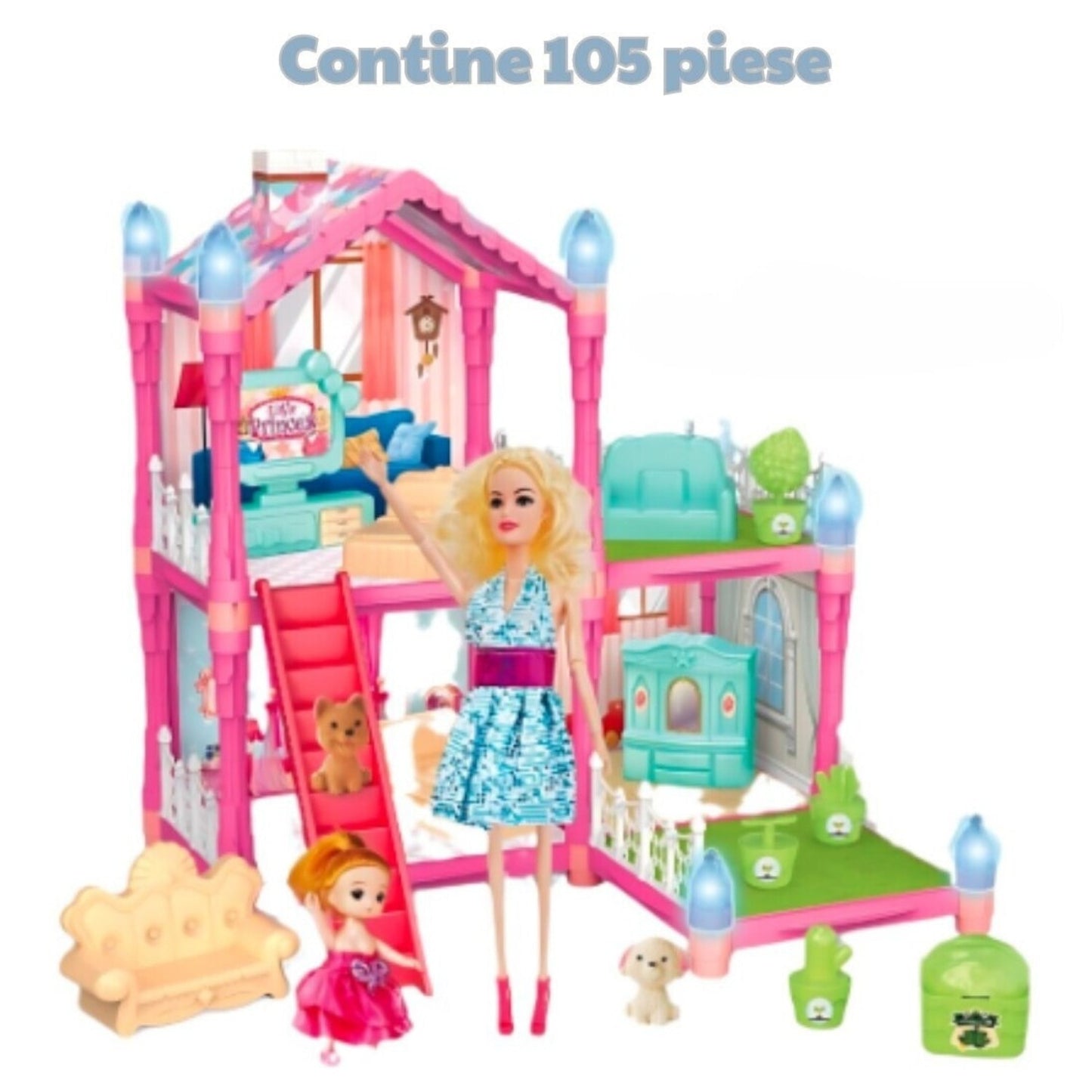 Căsuță de păpuși cu efecte de lumină, 105 piese, 2 păpuși incluse, roz deschis