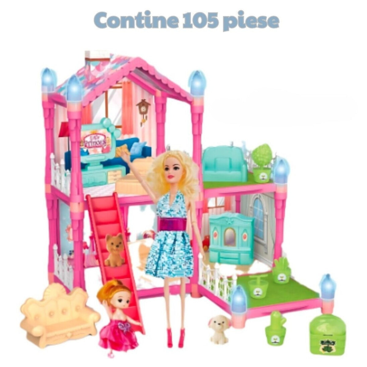 Căsuță de păpuși cu efecte de lumină, 105 piese, 2 păpuși incluse, roz deschis