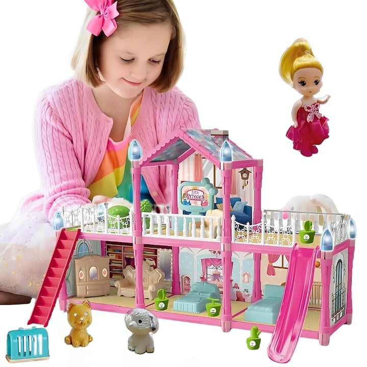 Casa păpușilor 179 piese, 2 etaje, 6 camere, terase și scări, mobilier și accesorii incluse, cu păpușă și cățel, roz, mo