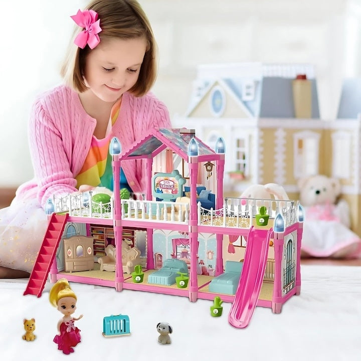 Casa păpușilor 179 piese, 2 etaje, 6 camere, terase și scări, mobilier și accesorii incluse, cu păpușă și cățel, roz, mo