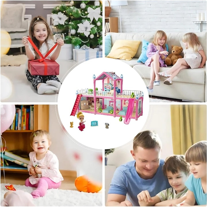 Casa păpușilor 179 piese, 2 etaje, 6 camere, terase și scări, mobilier și accesorii incluse, cu păpușă și cățel, roz, mo