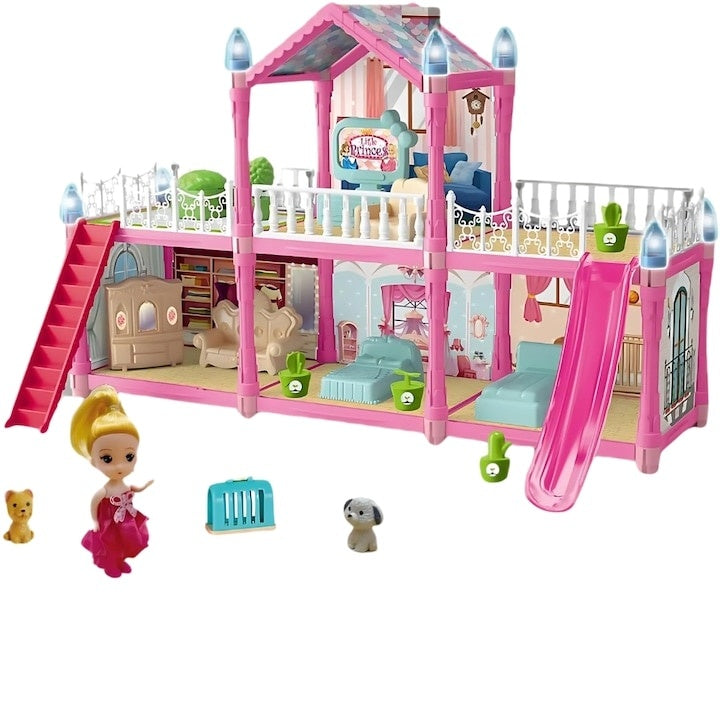 Casa păpușilor 179 piese, 2 etaje, 6 camere, terase și scări, mobilier și accesorii incluse, cu păpușă și cățel, roz, mo