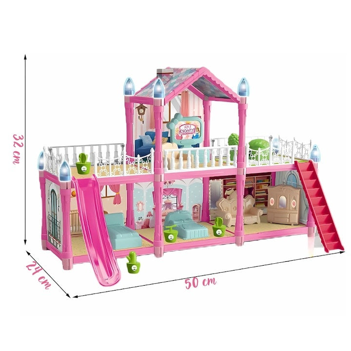 Casa păpușilor 179 piese, 2 etaje, 6 camere, terase și scări, mobilier și accesorii incluse, cu păpușă și cățel, roz, mo