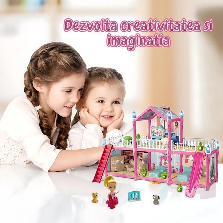 Casa păpușilor 179 piese, 2 etaje, 6 camere, terase și scări, mobilier și accesorii incluse, cu păpușă și cățel, roz, mo