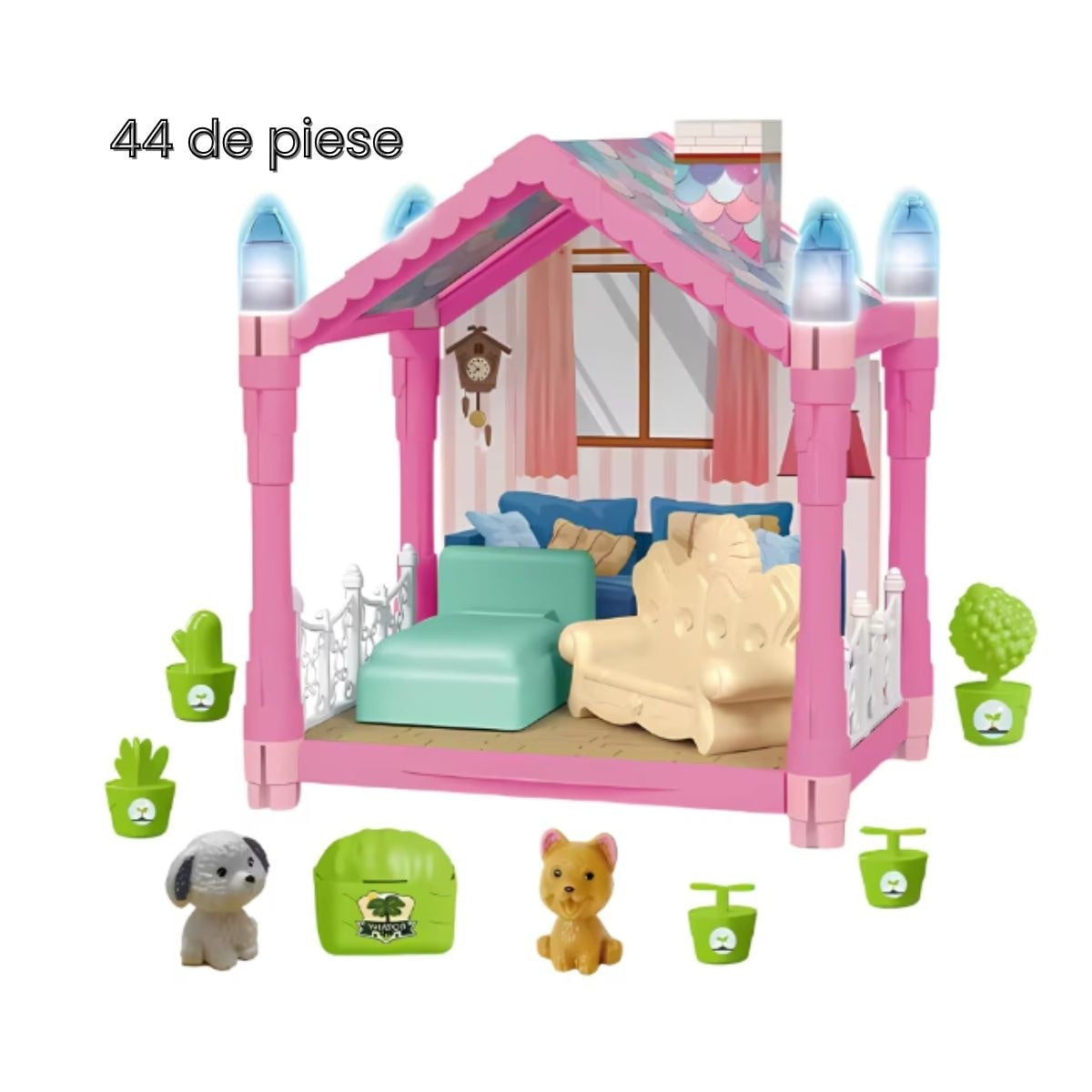 Căsuță păpuși 44 piese cu lumini și sunete, roz multicolor, model 556-71