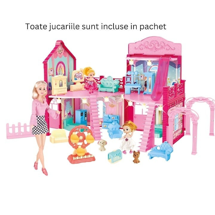 Casă de păpuși roz cu mobilă și accesorii, joc educativ, 3+ ani