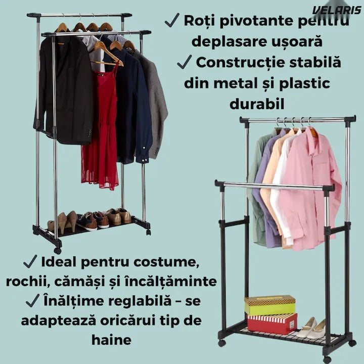 Cuier dublu cu înălțime reglabilă, bară metal, roți pivotante mobile, pentru haine și încălțăminte