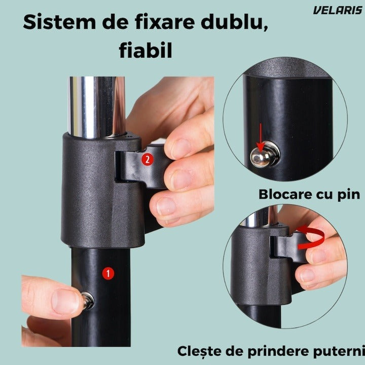 Cuier dublu cu înălțime reglabilă, bară metal, roți pivotante mobile, pentru haine și încălțăminte