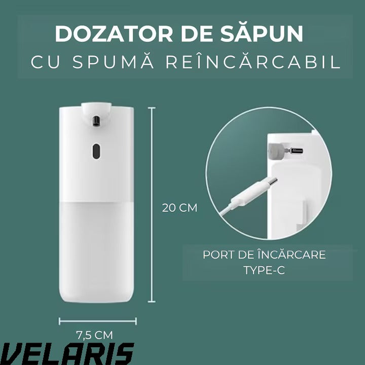 Dozator automat sapun spuma cu senzor infrarosu 4 niveluri volum spuma reincarcabil USB-C 400 ml IPX5