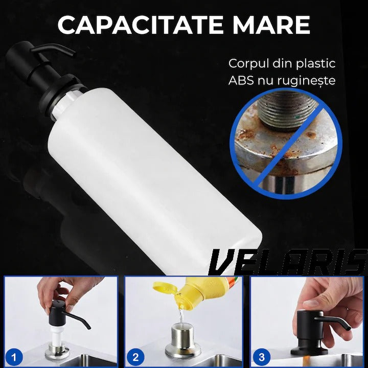 Dozator Incorporabil Negru pentru Chiuveta Sapun Detergent Rezervor 300ml Design Modern
