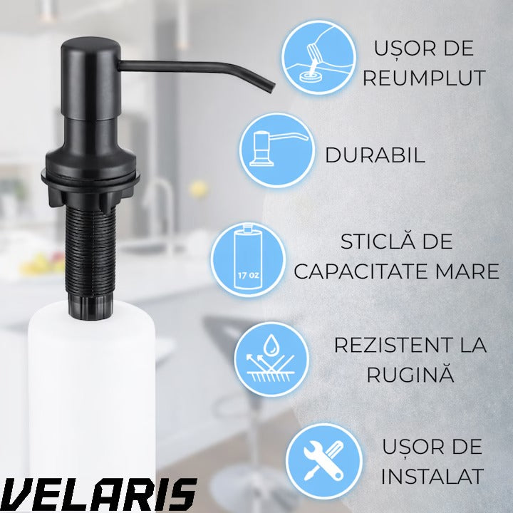 Dozator Incorporabil Negru pentru Chiuveta Sapun Detergent Rezervor 300ml Design Modern