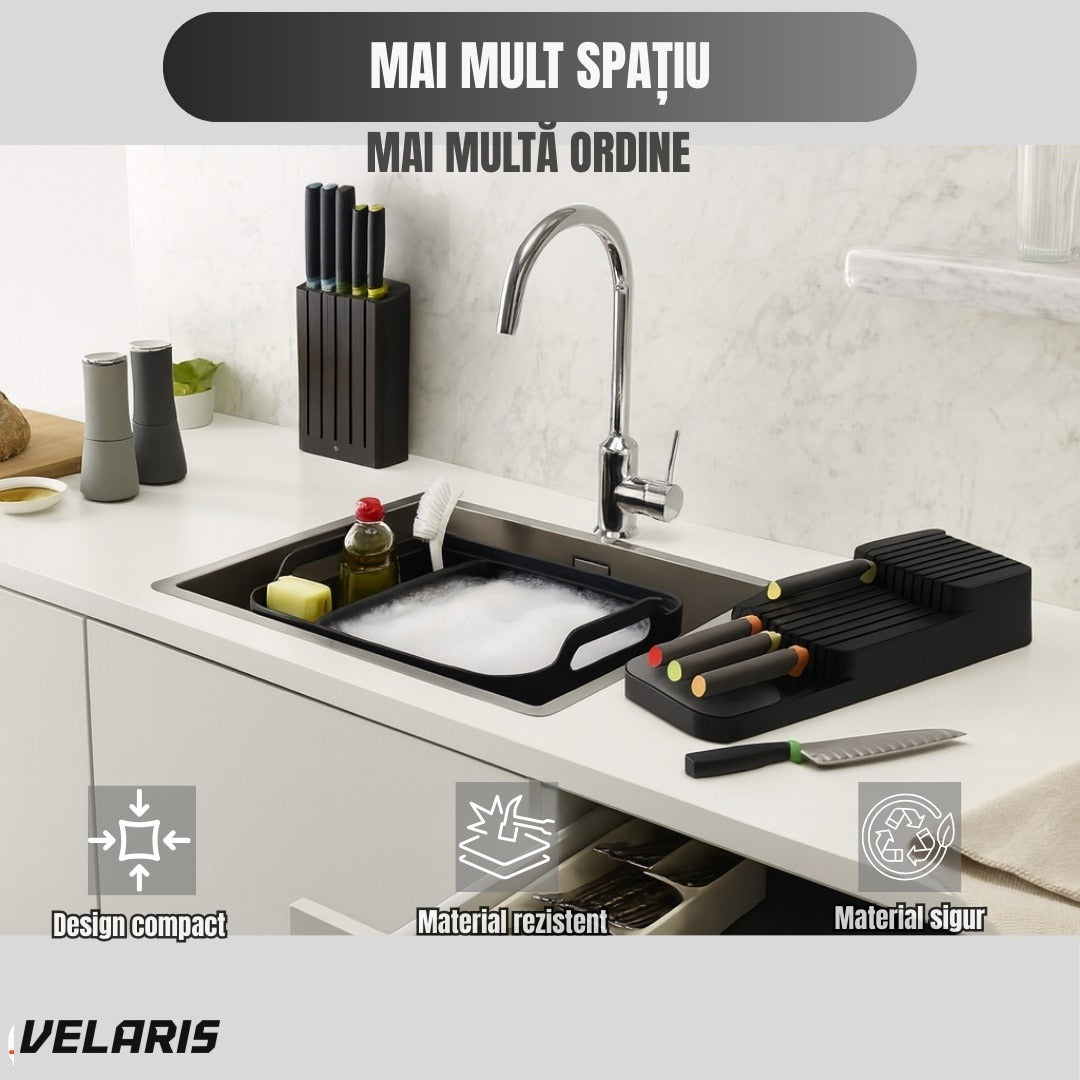 Suport cuțite fiset, organizare compactă, material durabil, design ergonomic, negru