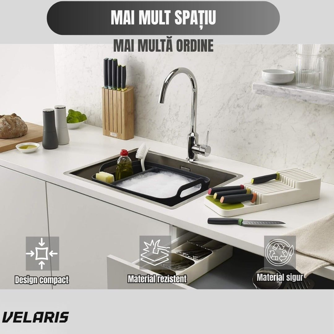 Suport cuțite fiset, organizare compactă, material durabil, design ergonomic, alb