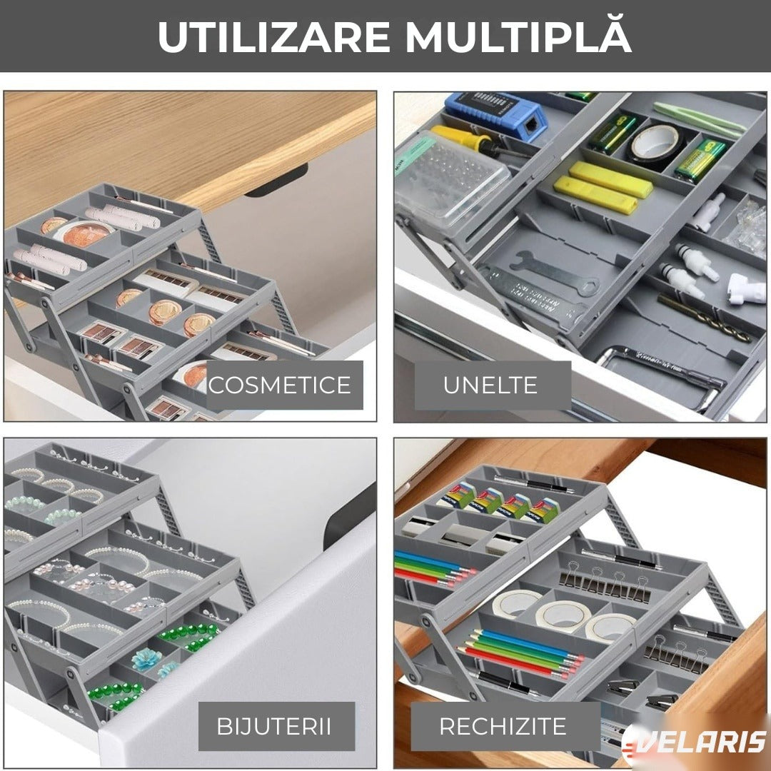 Organizator sertar cu 3 niveluri pentru bijuterii și cosmetice, 24,13 x 19,05 x 6,99 cm, negru