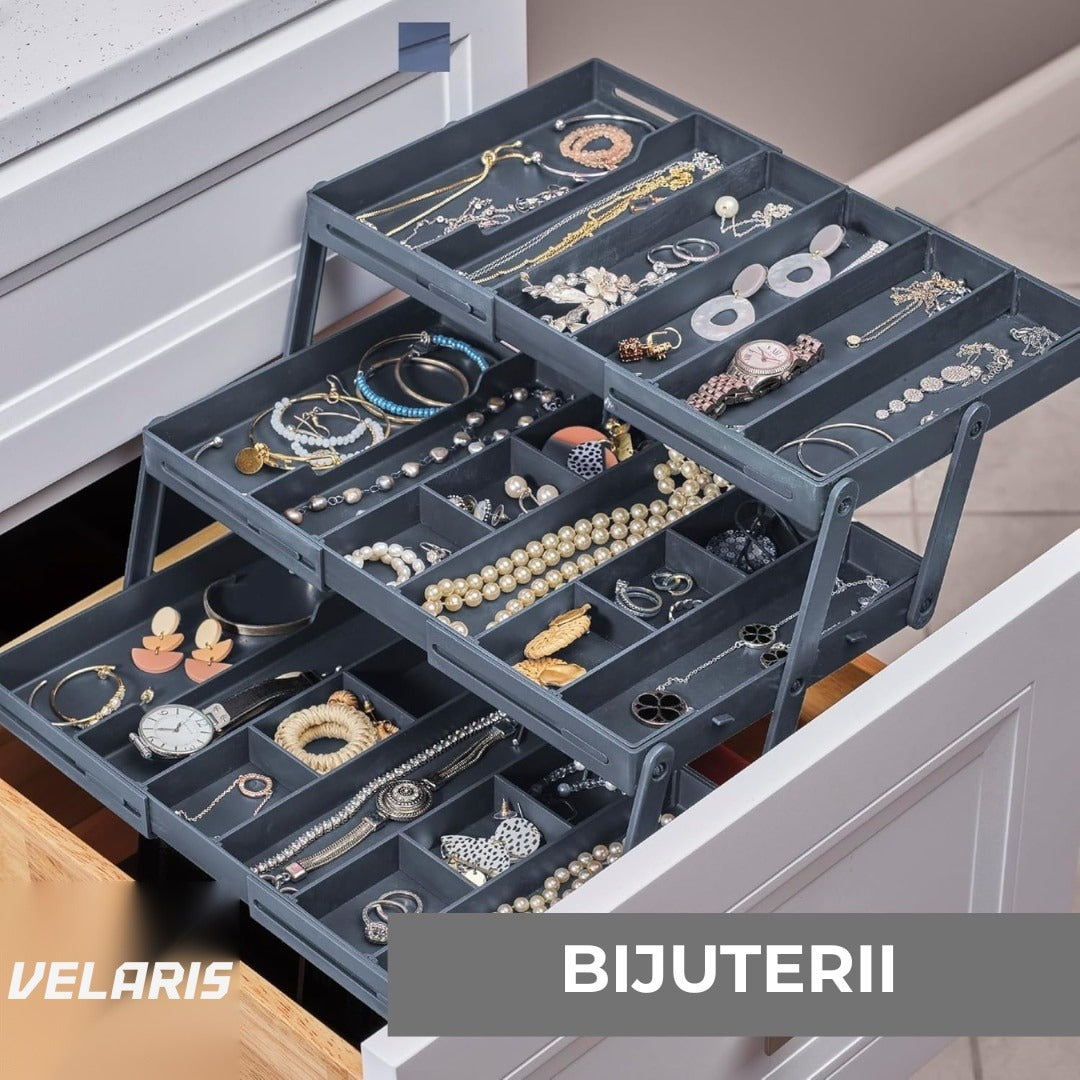 Organizator sertar cu 3 niveluri pentru bijuterii și cosmetice, 24,13 x 19,05 x 6,99 cm, negru