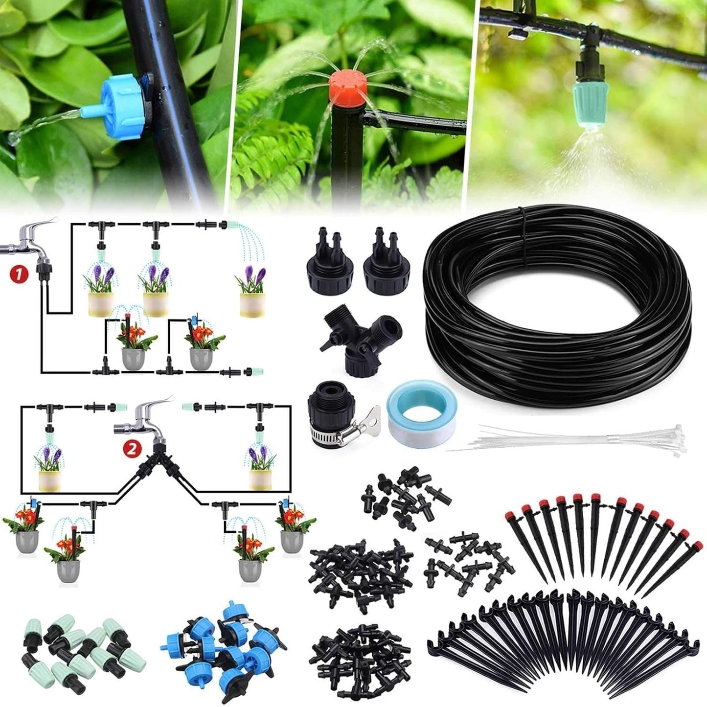 Sistem irigare picurare 73 m, automatizat, gradina/sera, 136 accesorii