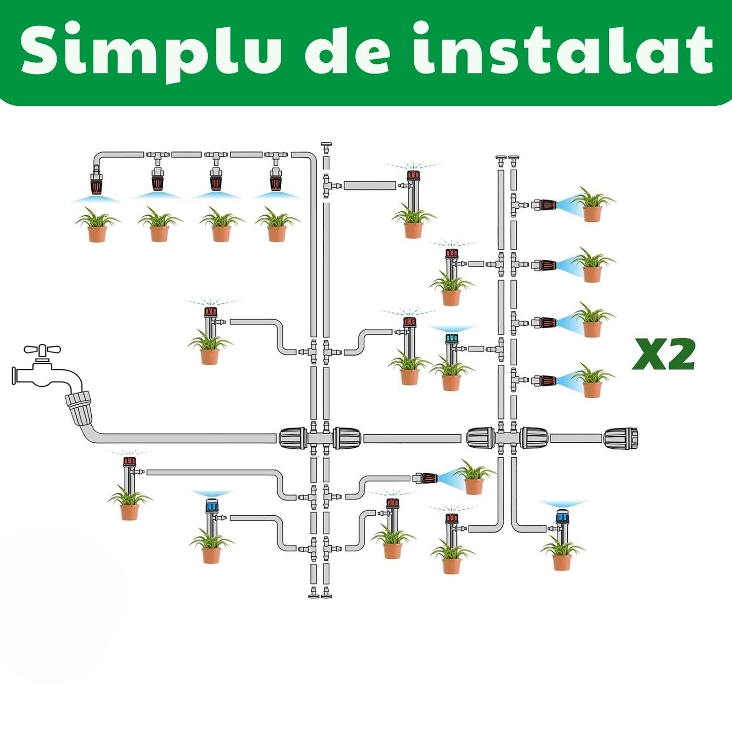 Sistem irigare picurare 73 m, automatizat, gradina/sera, 136 accesorii