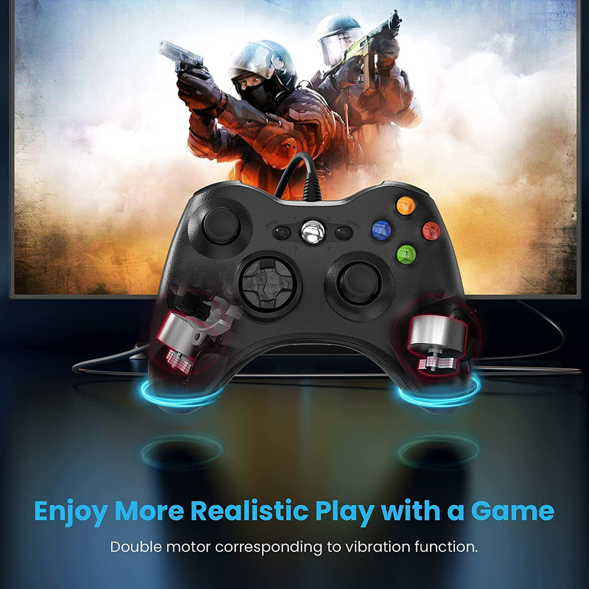 Controller Dual Shock pentru PC și Xbox 360, stick analogic, vibrații realiste, 2,5 m USB