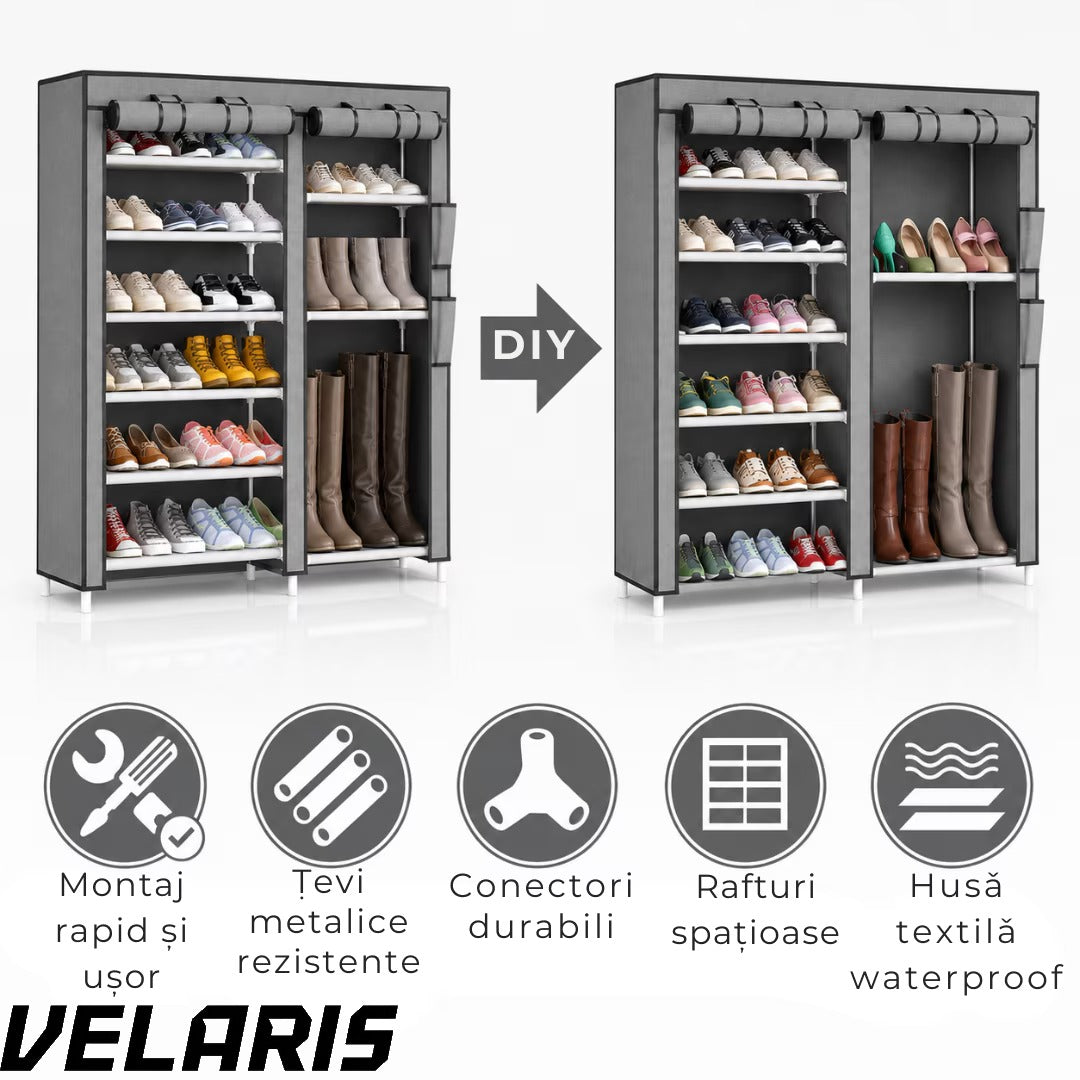 Dulap Pantofi, Pantofar din Material Textil cu fermoar, Gri, 113x30x107 cm, usor de asamblat, cadru metalic