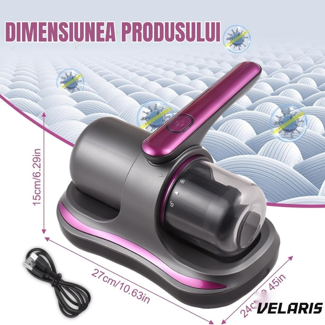 Aspirator acarieni praf, 8000 Pa, fără fir, filtru HEPA, baterie 3600 mAh, UVC, 500 ml