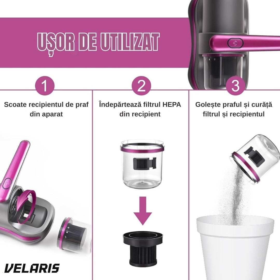 Aspirator acarieni praf, 8000 Pa, fără fir, filtru HEPA, baterie 3600 mAh, UVC, 500 ml