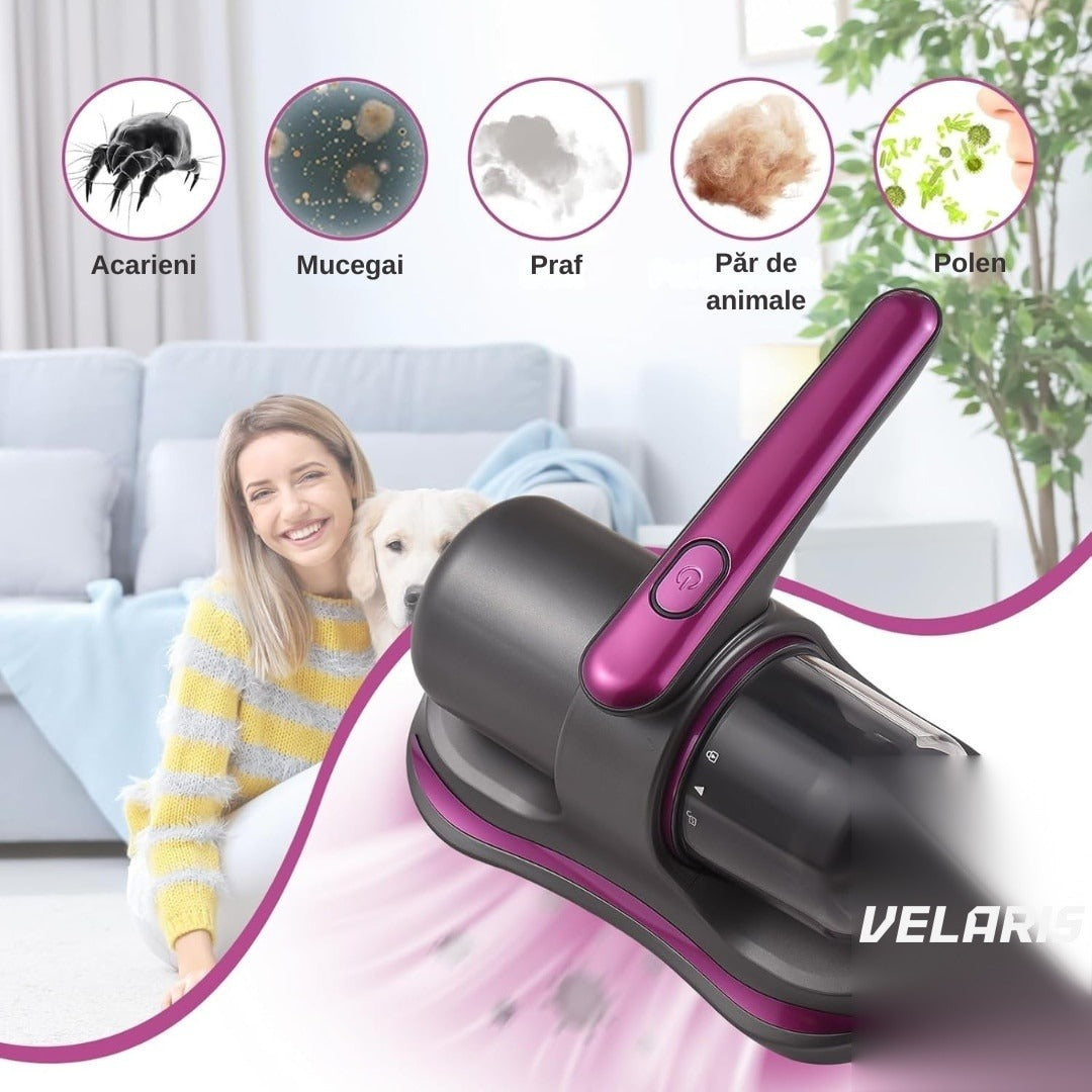 Aspirator acarieni praf, 8000 Pa, fără fir, filtru HEPA, baterie 3600 mAh, UVC, 500 ml