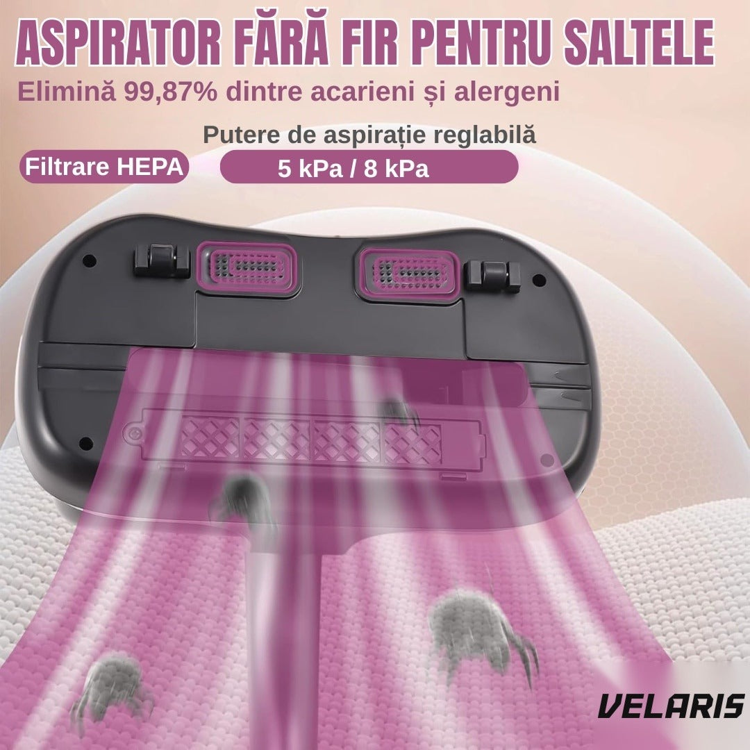 Aspirator acarieni praf, 8000 Pa, fără fir, filtru HEPA, baterie 3600 mAh, UVC, 500 ml
