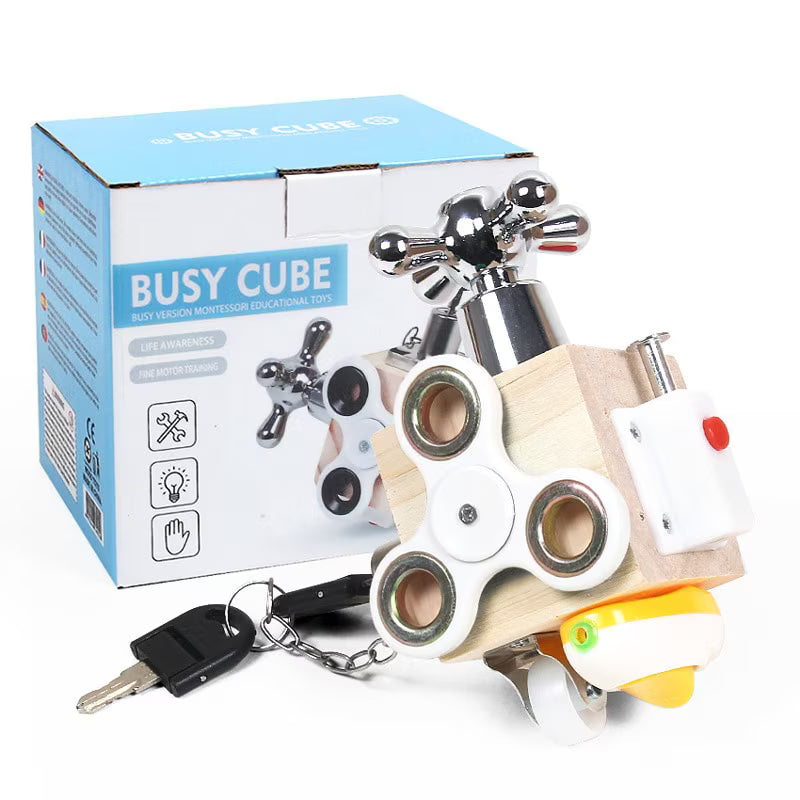 Cub educativ din lemn, jucărie interactivă, dezvoltare senzorială și motorie, 100% sigur, 1+