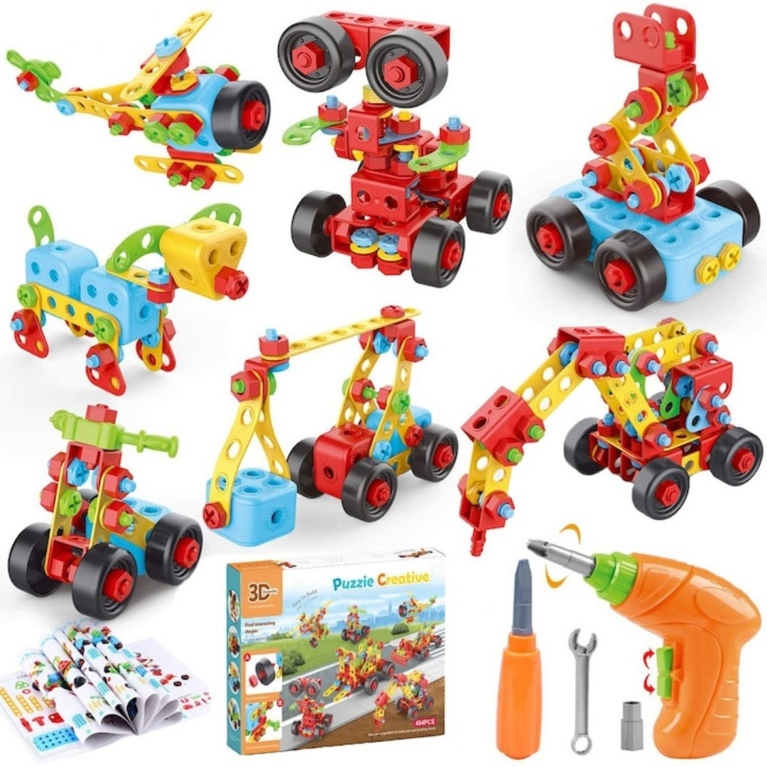 Set educațional de construcție 3D STEM 404 piese, cu șurubelniță electrică, multicolor, 6+ ani