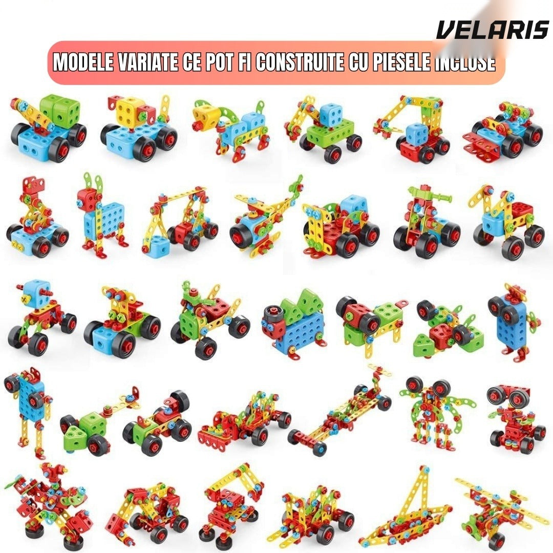Set educațional de construcție 3D STEM 404 piese, cu șurubelniță electrică, multicolor, 6+ ani