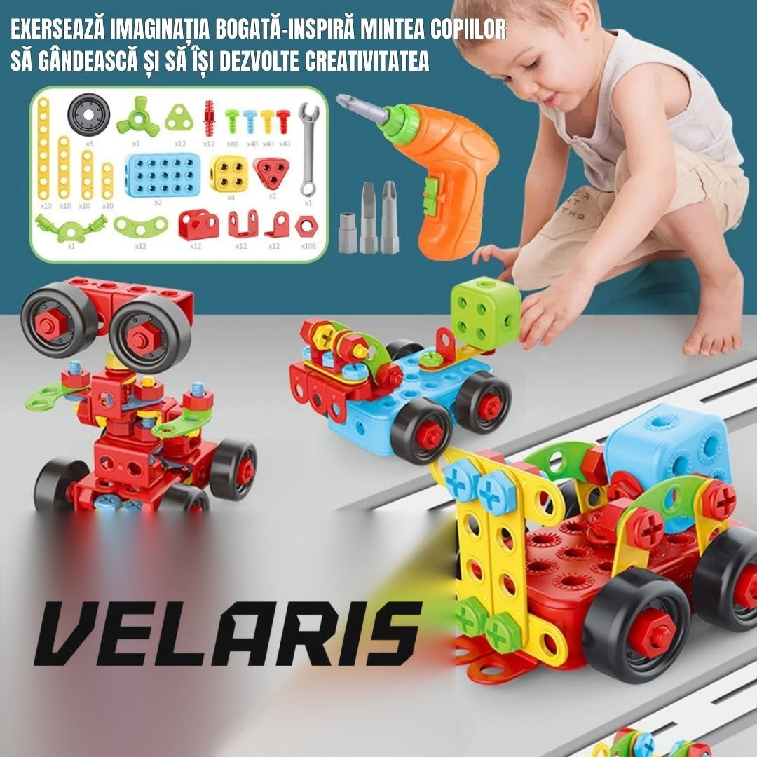 Set educațional de construcție 3D STEM 404 piese, cu șurubelniță electrică, multicolor, 6+ ani
