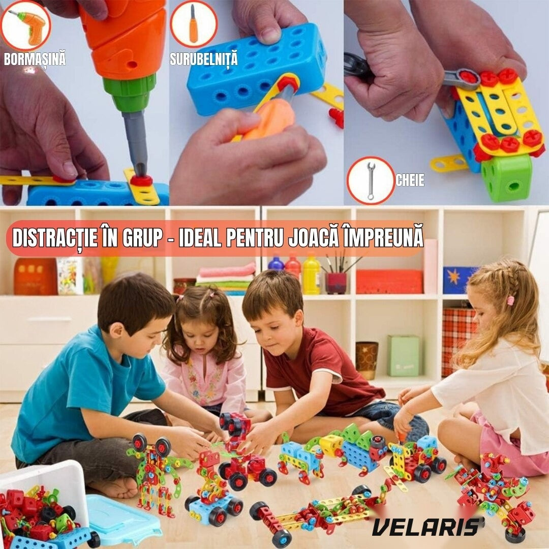 Set educațional de construcție 3D STEM 404 piese, cu șurubelniță electrică, multicolor, 6+ ani