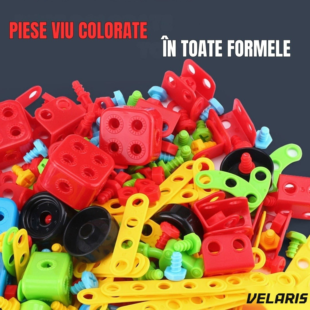Set educațional de construcție 3D STEM 404 piese, cu șurubelniță electrică, multicolor, 6+ ani