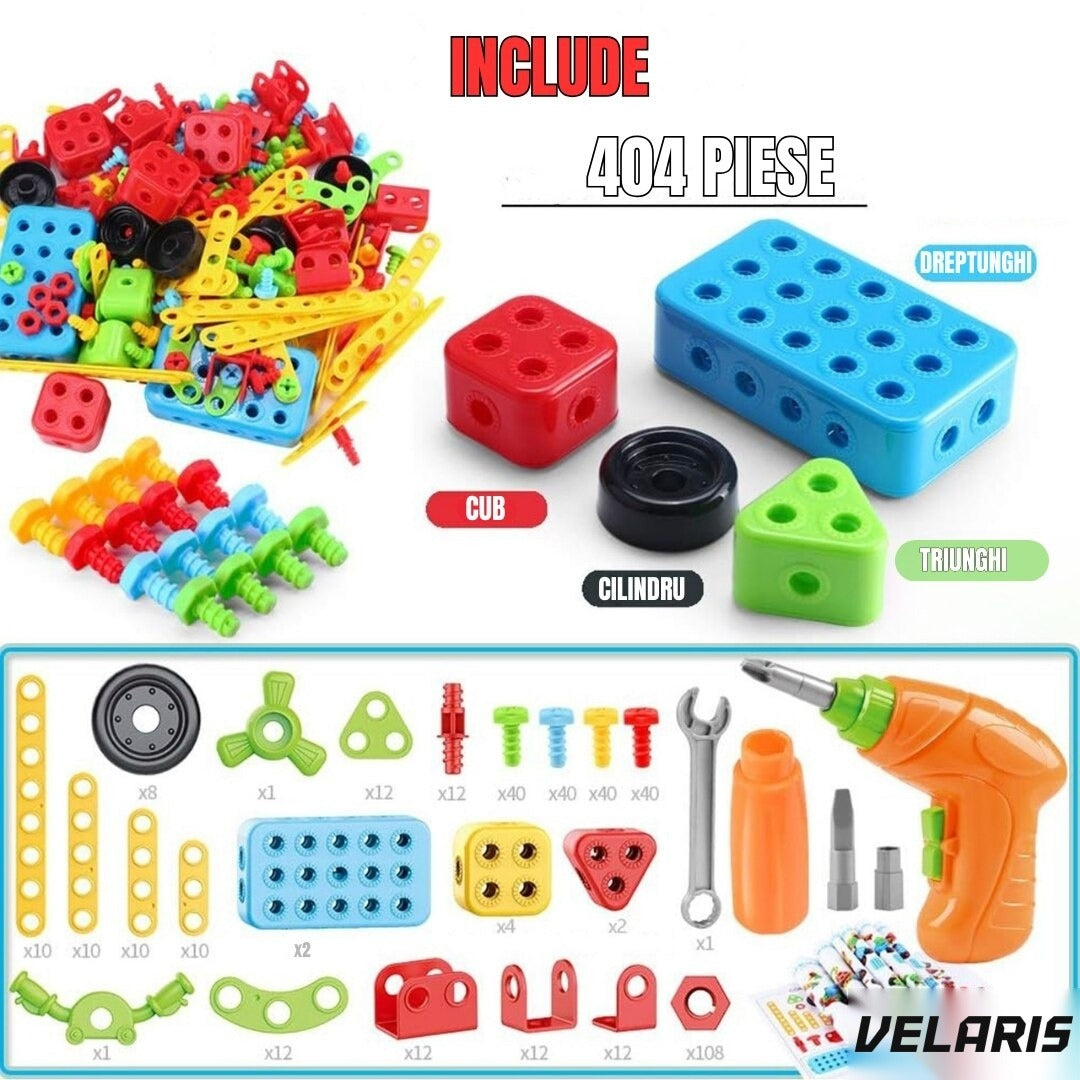 Set educațional de construcție 3D STEM 404 piese, cu șurubelniță electrică, multicolor, 6+ ani