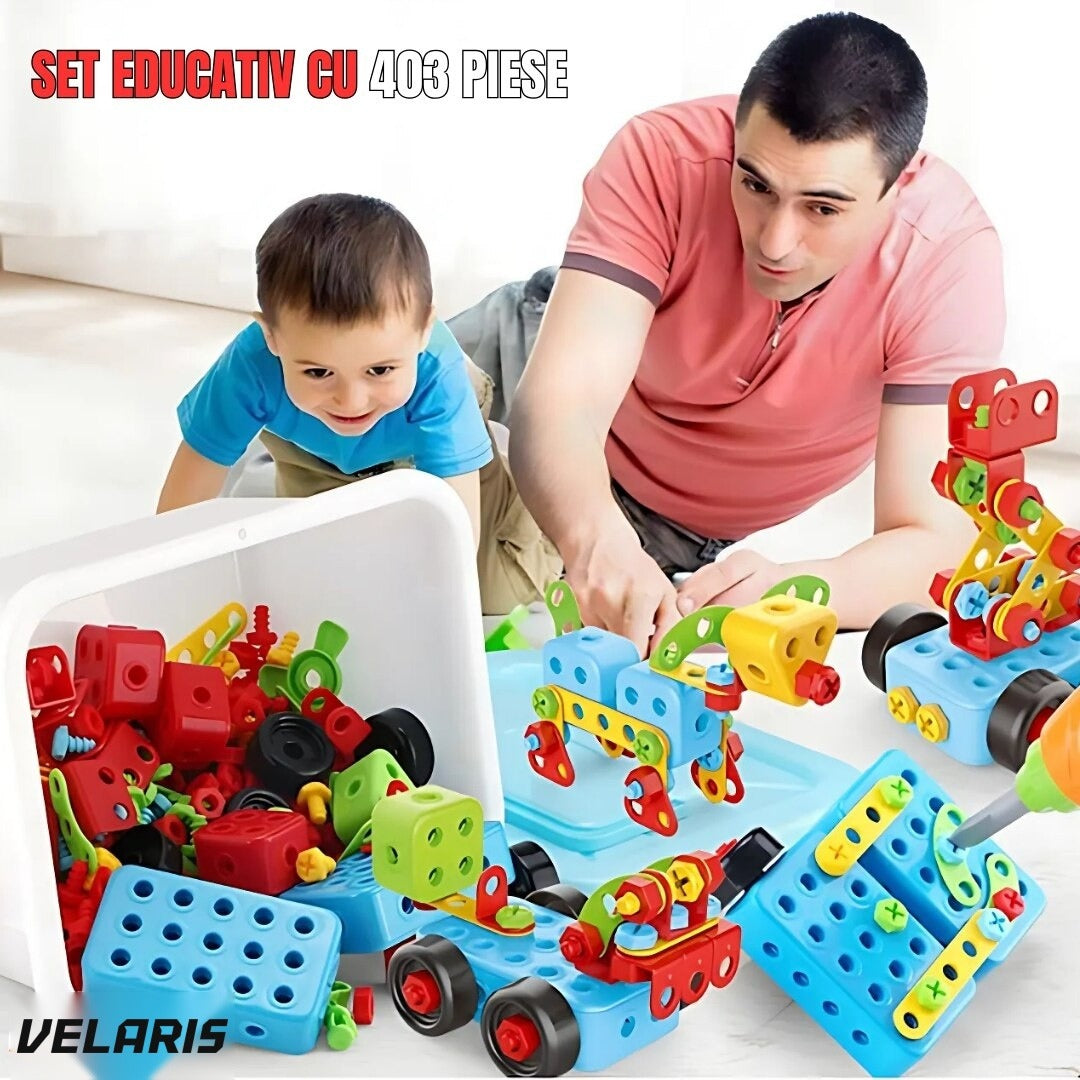 Set educațional de construcție 3D STEM 404 piese, cu șurubelniță electrică, multicolor, 6+ ani
