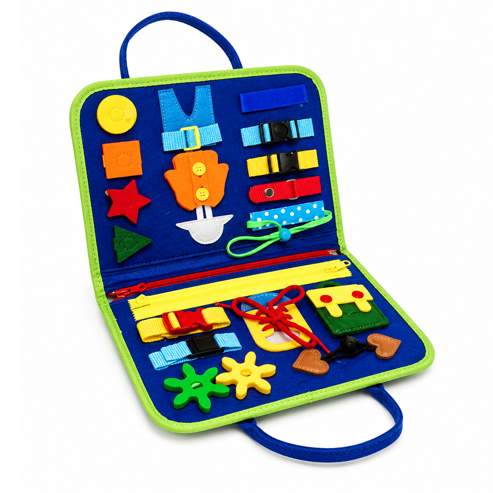 Carte educativa Montessori cu activitati interactive senzoriale, albastru